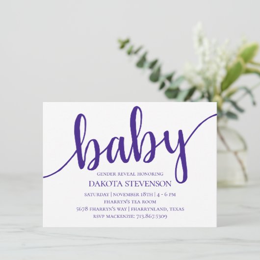 Eenvoudig Paarse script | Royal Grape Baby shower Kaart (Staand voorkant)