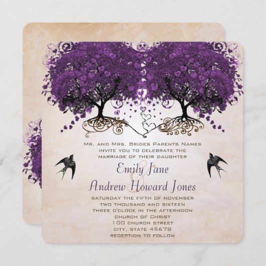 Eenvoudig Peachy Paarse  Heart Leaf Tree Kaart (Voorkant / Achterkant)