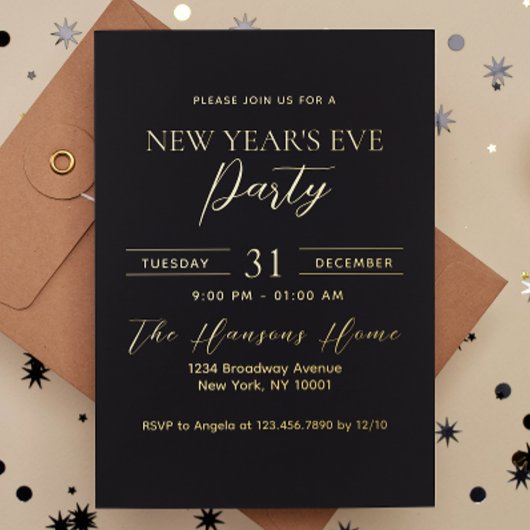 Eenvoudig Premium Gold en Black New Year's Eve Par Folie Uitnodiging