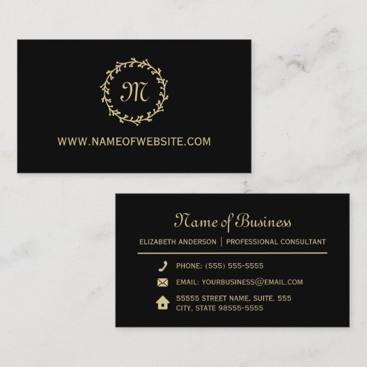 Eenvoudig Professioneel Zwart Elegant Goud Monogra Visitekaartje (Voorkant / Achterkant)