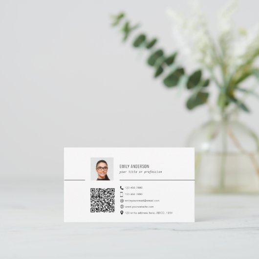 Eenvoudig QR-visitekaartje met foto, schoon Visitekaartje (Staand voorkant)