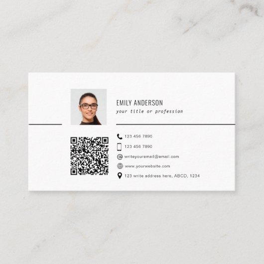 Eenvoudig QR-visitekaartje met foto, schoon Visitekaartje (Voorkant)