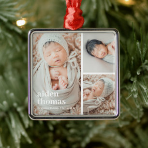 Eenvoudig raster van drie gepersonaliseerde foto O Metalen Ornament