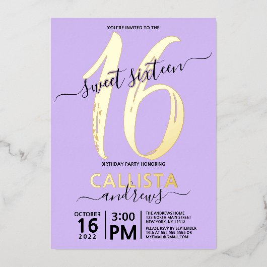 Eenvoudig Real Gold Lavender Sweet 16-jarig Folie Uitnodiging (Voorkant)