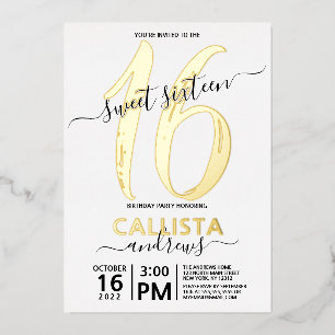 Eenvoudig Real Gold White Sweet 16 Birthday Folie Uitnodiging