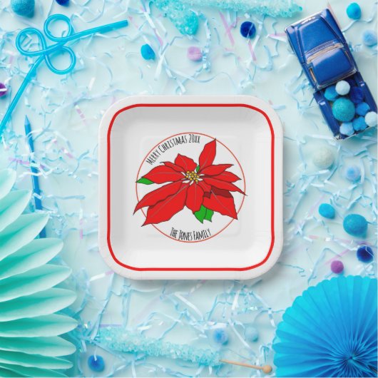 Eenvoudig Red Poinsettia Flower Merry White Papieren Bordje (Feest)