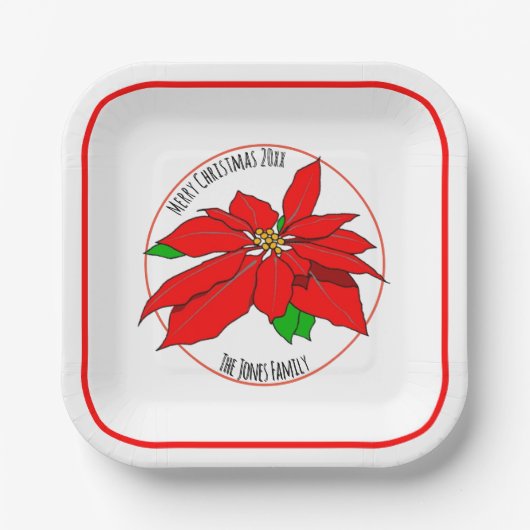 Eenvoudig Red Poinsettia Flower Merry White Papieren Bordje (Voorkant)