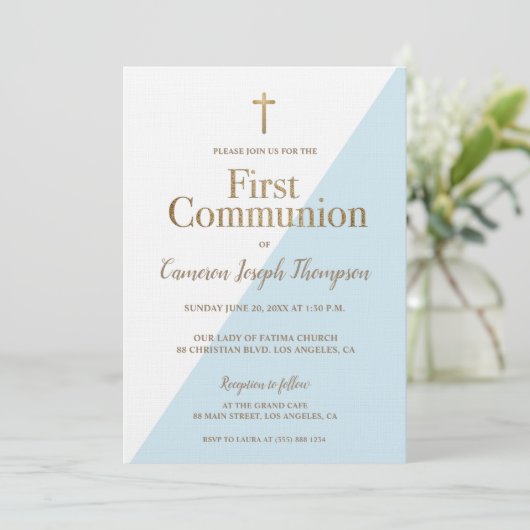 Eenvoudig religieus goud Blauw Eerste Heilige Comm Kaart (Staand voorkant)