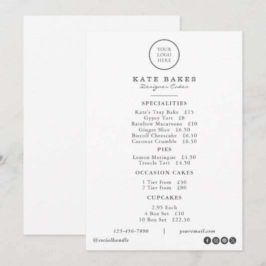 Eenvoudig Restaurant Cafe Cake Bakkerij Menu Prijs (Voorkant / Achterkant)