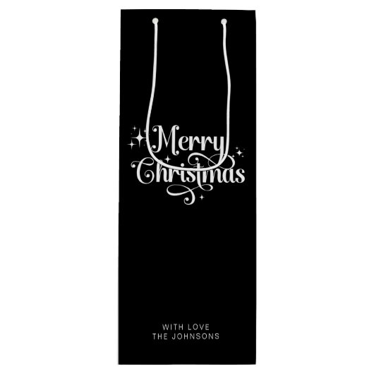 Eenvoudig Retro Script Zwart & Wit Vrolijk Kerstfe Wijn Cadeautas (Voorkant)