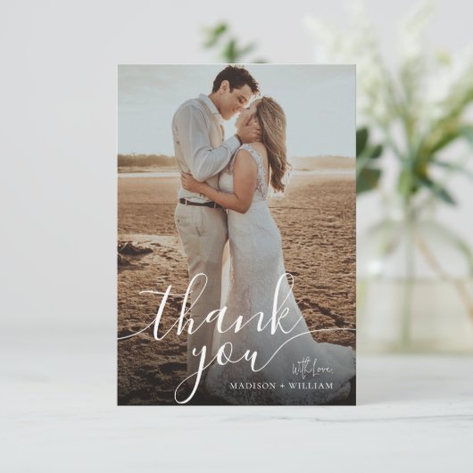 Eenvoudig Romantisch script foto-bruiloft Bedankkaart (Staand voorkant)