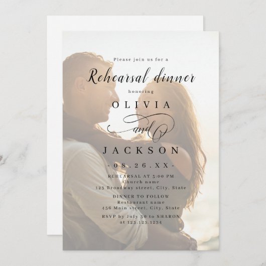 Eenvoudig romantisch script foto Rehearsal Dinner Kaart (Voorkant / Achterkant)