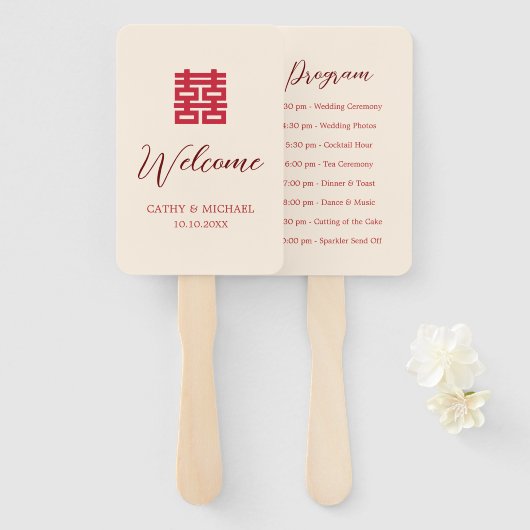 Eenvoudig rood beige modern Chinees huwelijksprogr Handwaaier (Voorkant en achterkant)