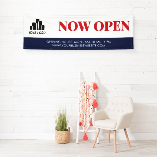 Eenvoudig Rood Blauw Wit Uw Logo nu open Spandoek (Insitu)