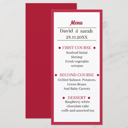 Eenvoudig rood bruiloft diner menu (Voorkant / Achterkant)