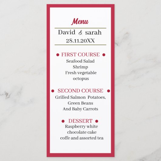 Eenvoudig rood bruiloft diner menu (Voorkant)