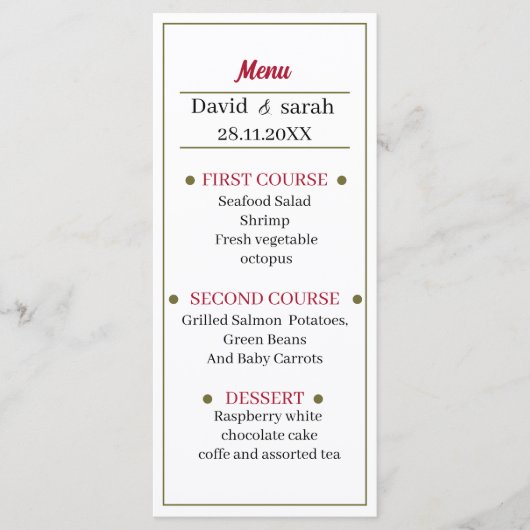 Eenvoudig rood bruiloft diner menu (Voorkant)