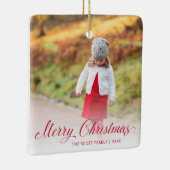 Eenvoudig rood ellegant script foto voor pretkerst keramisch ornament (Rechts)