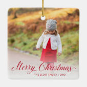 Eenvoudig rood ellegant script foto voor pretkerst keramisch ornament (Achterkant)