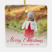 Eenvoudig rood ellegant script foto voor pretkerst keramisch ornament (Voorkant)