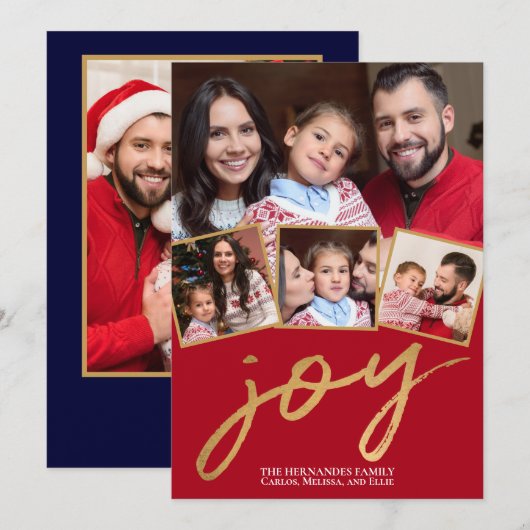 Eenvoudig rood en gouden fotoscript feestdagenkaart (Voorkant / Achterkant)