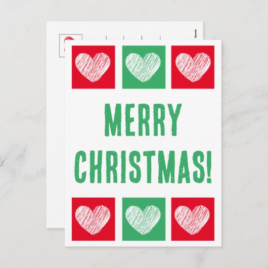 Eenvoudig rood en groen met harten Vrolijk Kerstfe Feestdagenkaart (Voorkant / Achterkant)