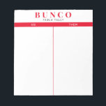 Eenvoudig Rood en Witte Bunco Tally Notitieblok<br><div class="desc">Verplaats een blad op elke lijst voor de persoon die tally van de score houdt en stroomlijnt uw Bunco spel met deze klaar te gaan en gemakkelijk te gebruiken scheur van tally bladen met twee lege kolommen en rode accenten.</div>