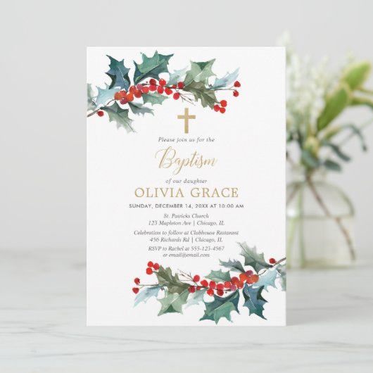 Eenvoudig rood goud groen kerstdoop kaart (Staand voorkant)