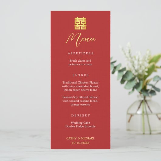 Eenvoudig rood goud moderne Chinese bruiloft Menu (Staand voorkant)