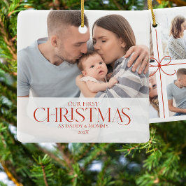 Eenvoudig rood lint onze eerste kerstfoto keramisch ornament