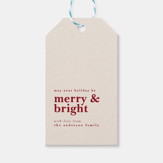 Eenvoudig rood Merry & Bright met aangepaste naam Cadeaulabel (Voorkant)