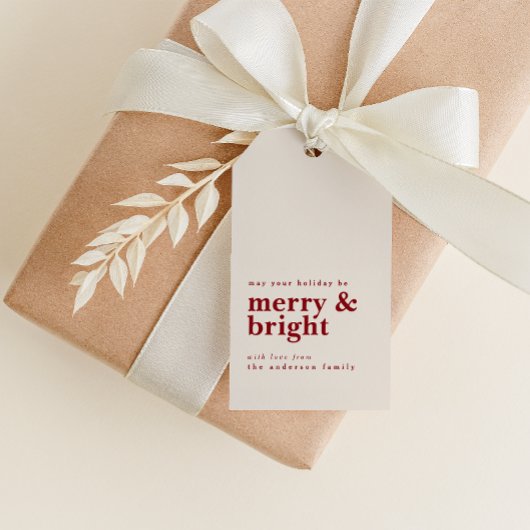 Eenvoudig rood Merry & Bright met aangepaste naam Cadeaulabel
