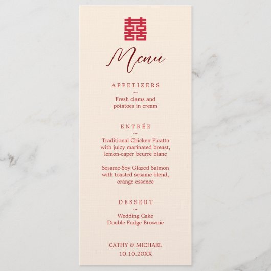 Eenvoudig rood modern dubbel gelukChinese bruiloft Menu (Voorkant)