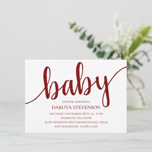 Eenvoudig rood script | Cherry Flourish Baby showe Kaart (Staand voorkant)