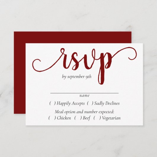 Eenvoudig rood script | Cherry Flourish Volledige  RSVP Kaartje (Voorkant / Achterkant)