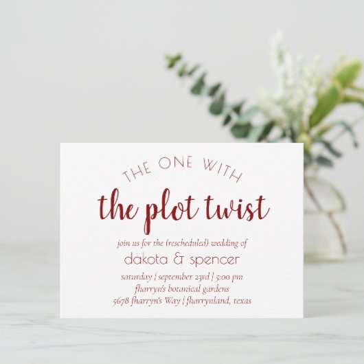 Eenvoudig rood script | Een met Wedding Plot Twist Kaart (Staand voorkant)