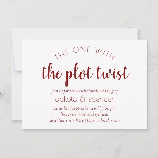 Eenvoudig rood script | Een met Wedding Plot Twist Kaart (Voorkant)