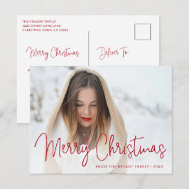 Eenvoudig rood script foto Modern Elegant Christma Feestdagenkaart