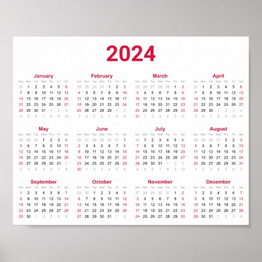 Eenvoudig rood & wit 2024 jaar in het kort Kalende Poster (Voorkant)