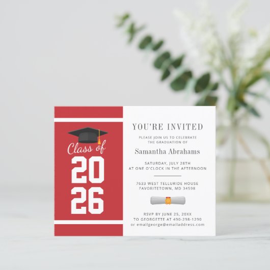 Eenvoudig Rood Wit 2025 Afstuderen Uitnodiging (Staand voorkant)