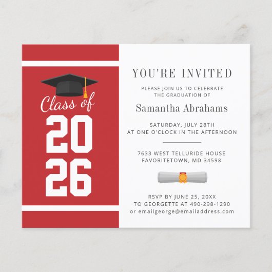 Eenvoudig Rood Wit 2025 Afstuderen Uitnodiging (Voorkant)