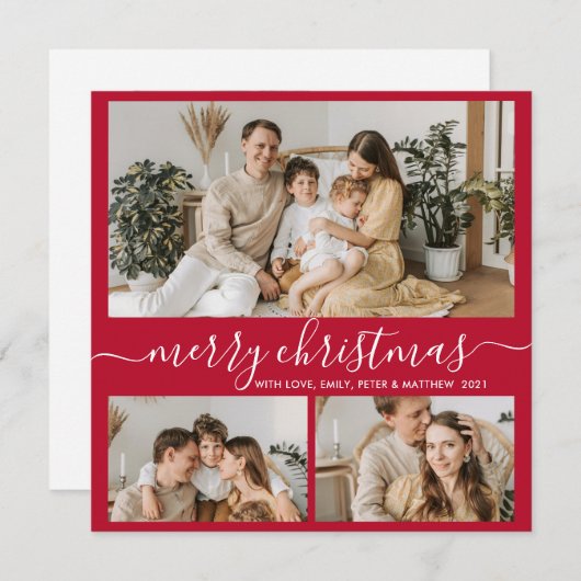Eenvoudig rood wit 3 Foto collage kerstfeestdag Feestdagenkaart (Voorkant / Achterkant)