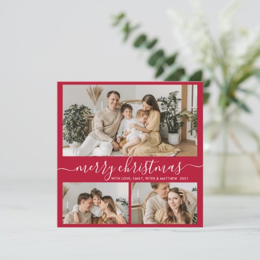 Eenvoudig rood wit 3 Foto collage kerstfeestdag Feestdagenkaart (Staand voorkant)