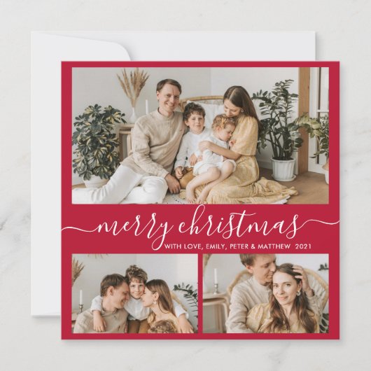 Eenvoudig rood wit 3 Foto collage kerstfeestdag Feestdagenkaart (Voorkant)
