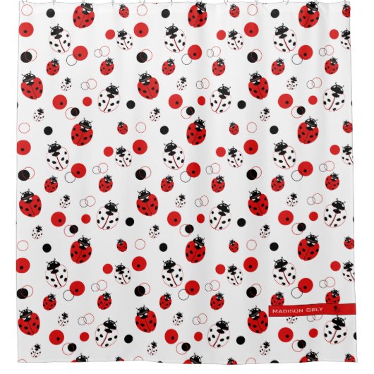 Eenvoudig rood, zwart en wit ladybug-patroon douchegordijn (Voorkant)