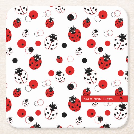 Eenvoudig rood, zwart en wit ladybug-patroon kartonnen onderzetters (Voorkant)