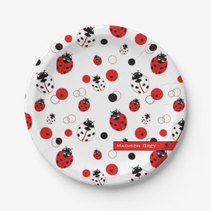 Eenvoudig rood, zwart en wit ladybug-patroon papieren bordje