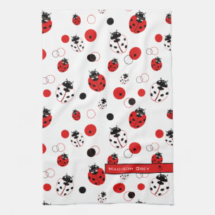 Eenvoudig rood, zwart en wit ladybug-patroon theedoek