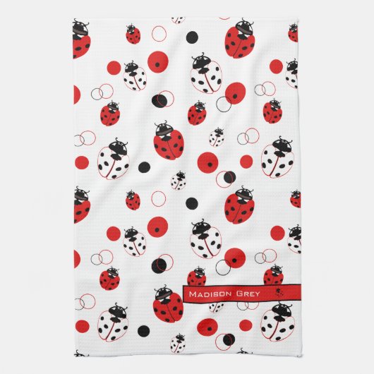 Eenvoudig rood, zwart en wit ladybug-patroon theedoek (Verticaal)