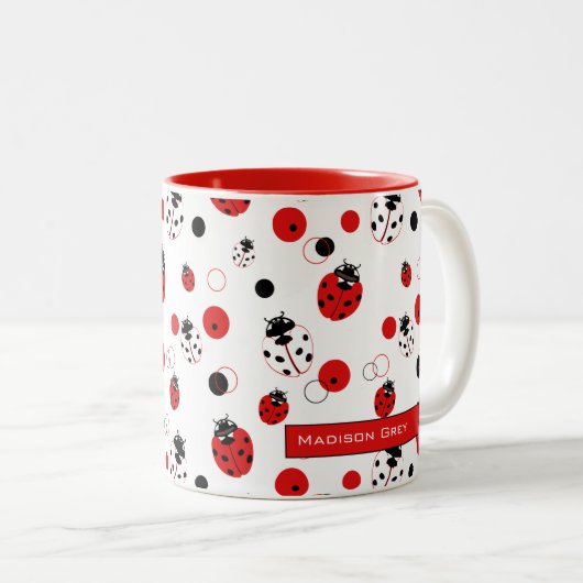 Eenvoudig rood, zwart en wit ladybug-patroon tweekleurige koffiemok (Voorkant rechts)